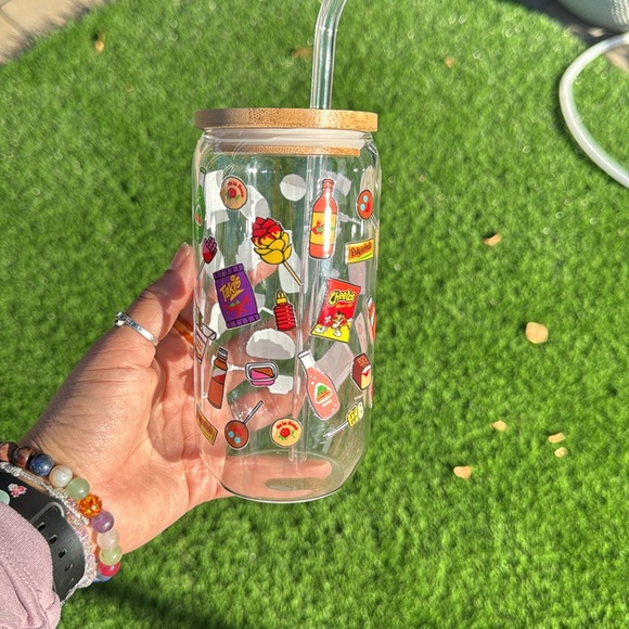 Mexican Snacks Glass Cup With Wooden Lid & Glass Straw - Picture 3 of 3
